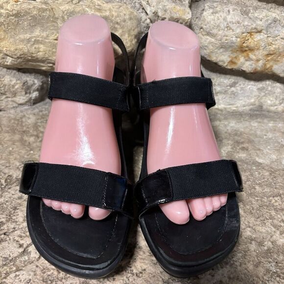 DANSKO Black Patent Leather Elastic Mid High Wedge Sandals W’s 42/10.5-11 - Picture 2 of 5